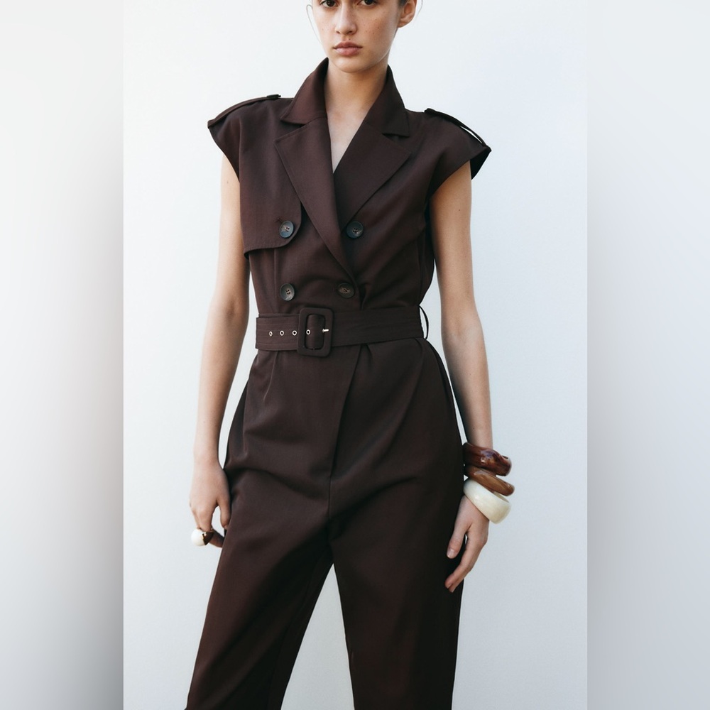 ZARA Brown Sleeveless Jumpsuit with belt - utility styling pockets - Large - Picture 9 of 11